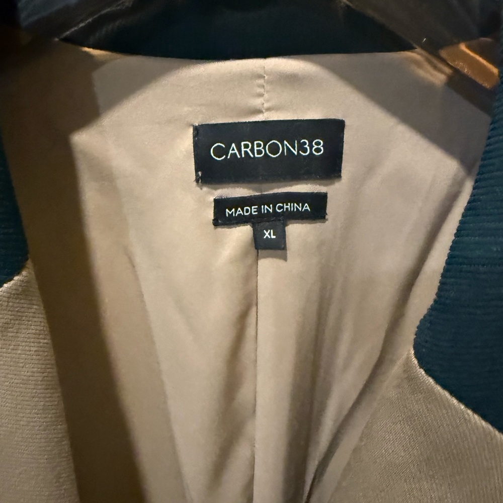 Carbon 38 Slim Tan One Button Blazer with Green Accent Collar and pocket trim - Picture 12 of 13